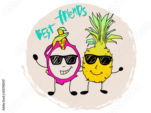 best friend. Handwritten modern brush lettering and vector illustration dragon fruit and pineapple. isolated funny picture on turquoise background for banner, sticker, label, card, clothes.