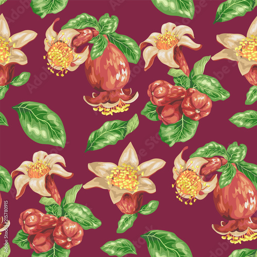 Fototapeta Naklejka Na Ścianę i Meble -  Seamless pattern with pomegranate fruits, buds and flowers in vector