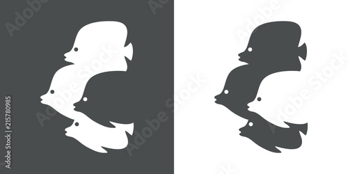 Icono plano silueta peces tropicales con espacio negativo en gris y blanco