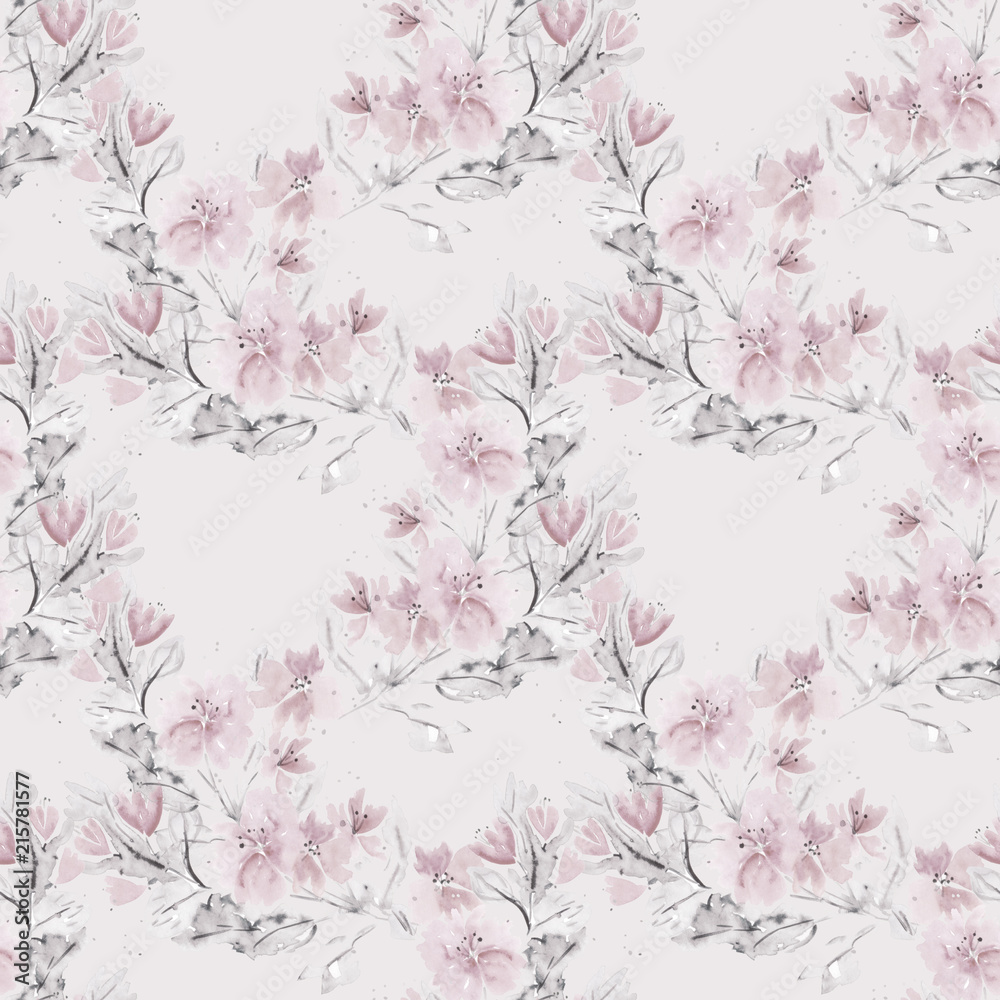 Seamless watercolor floral pattern . Pink flowers on a light background.