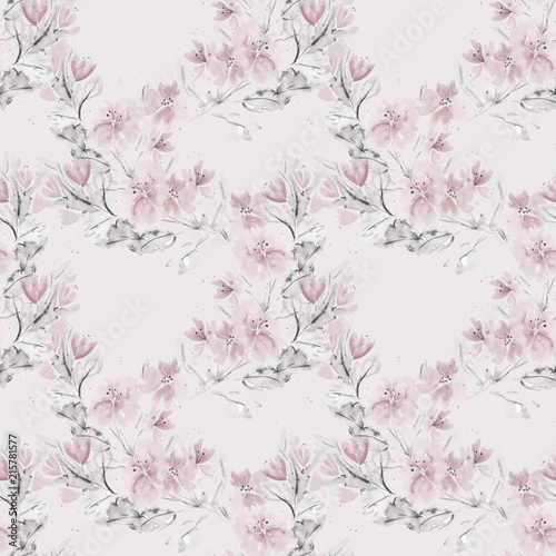 Seamless watercolor floral pattern . Pink flowers on a light background.