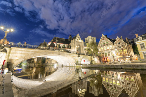 Night city view along the canal, Gent, Belgium