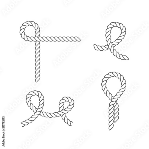 Set of sea knots and loops. Cable rope, tied, untied.