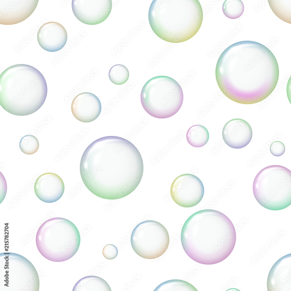 Seamless pattern background with colorful soap bubbles. Balls with a glare. Vector illustration.