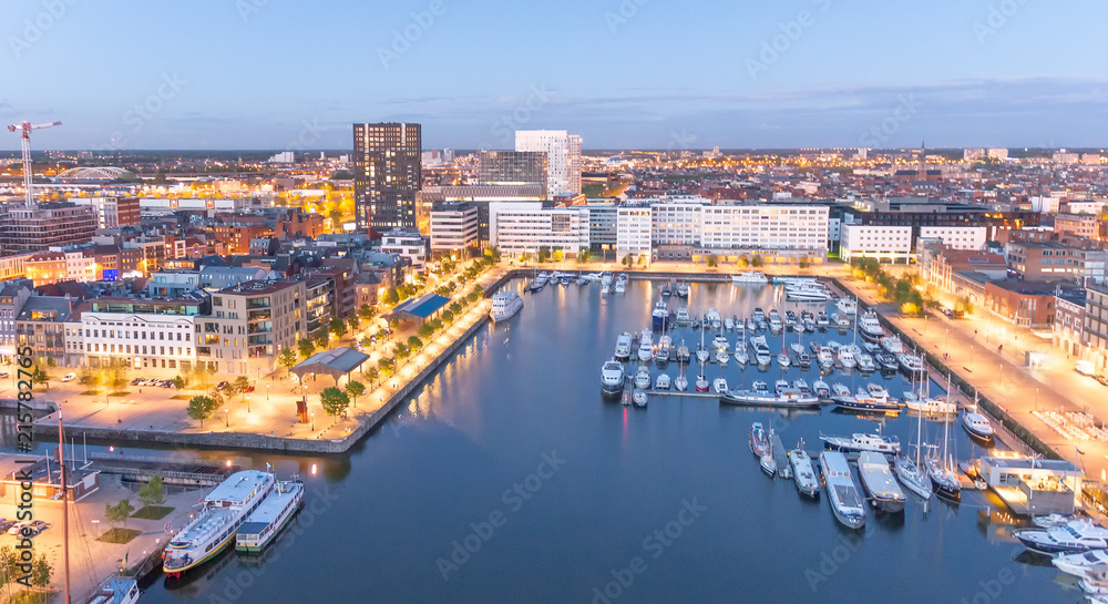 Aerial city view from rooftop at night, Antwerpen, Belgium