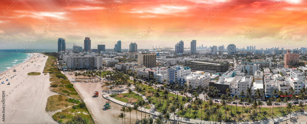 Panoramic aerial view of Miami Beach coastline and skyline, Florida