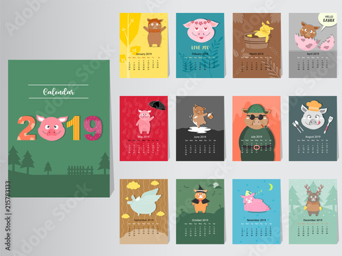 Funny animal calendar 2019 design,The year of the pig monthly cards templates,Set of 12 month,Monthly kids,Vector illustrations