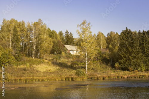 Wallpaper Mural Bright Sunny sky in autumn moderate autumn forest with wild river and wooden house on the shore Torontodigital.ca