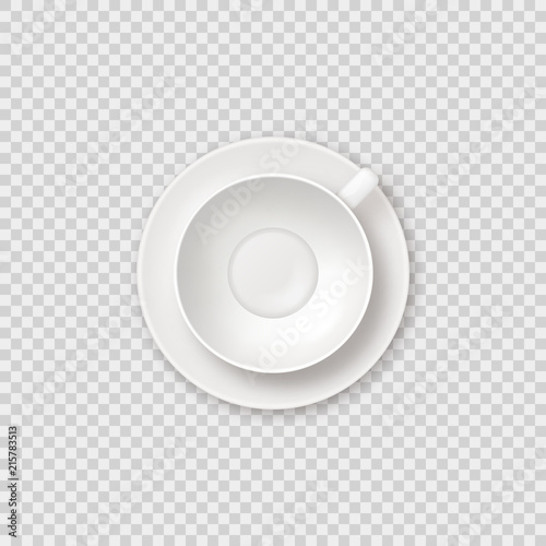 Realistic vector empty tea coffee cup top view. Clean white shiny empty cup mockup on transparent background.