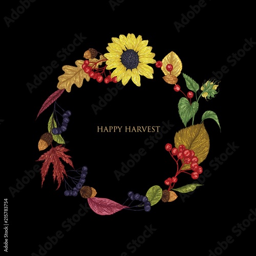 Happy Thanksgiving, Harvest wreath. Vector color illustration with hand drawn branches and leaves. Sketch, design elements. Decor for invitations, greeting cards, posters, covers.
