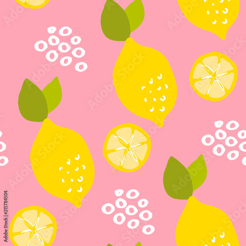 Fruit pattern with lemons and lemon slices on pink background. Ornament for textile and wrapping. Vector.