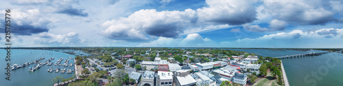 Aerial sunset view of Beaufort, South Carolina. Panoramic picture from drone perspective photo