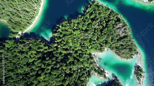 4K scenic flight of Eibsee in Bavaria on the bottom of Zugspitze the highest mountain in germany