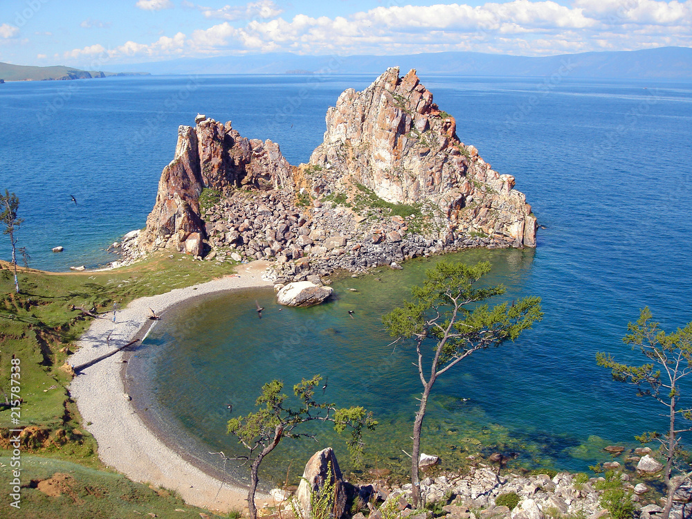 The coastline of the lake, from a bird's eye view. rock on the coast Olkhon Island on Lake Baikal. The largest freshwater lake in the world. Russia.
