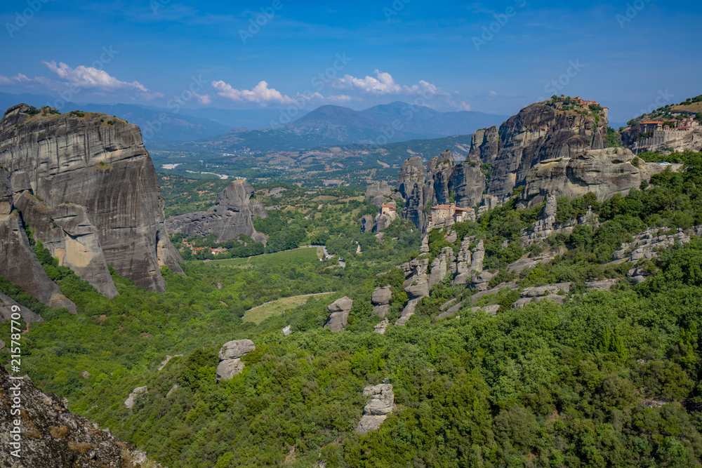 Meteora Beautiful Stone shapes and Mountains with Monastery on them in Greece