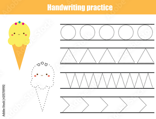 Handwriting practice sheet. Educational children game, printable worksheet for kids. Tracing lines and shapes