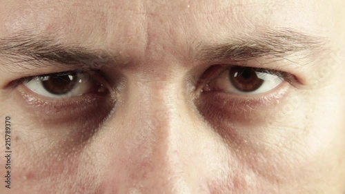 Extreme close up of man eyes looking furious and angry