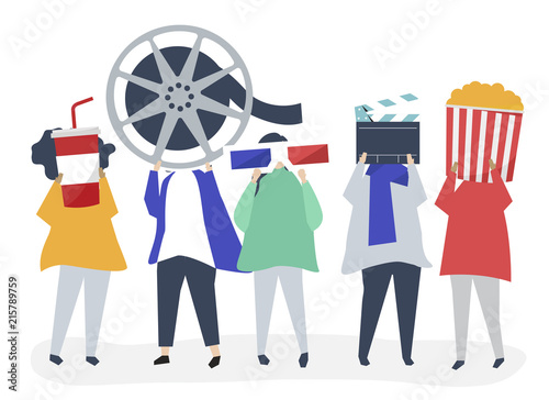 Characters of people holding movie icons illustration