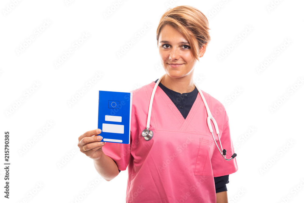 Portrait of female vet holding blue european health insurance card. Portrait of female vet holding blue european health insurance card.
