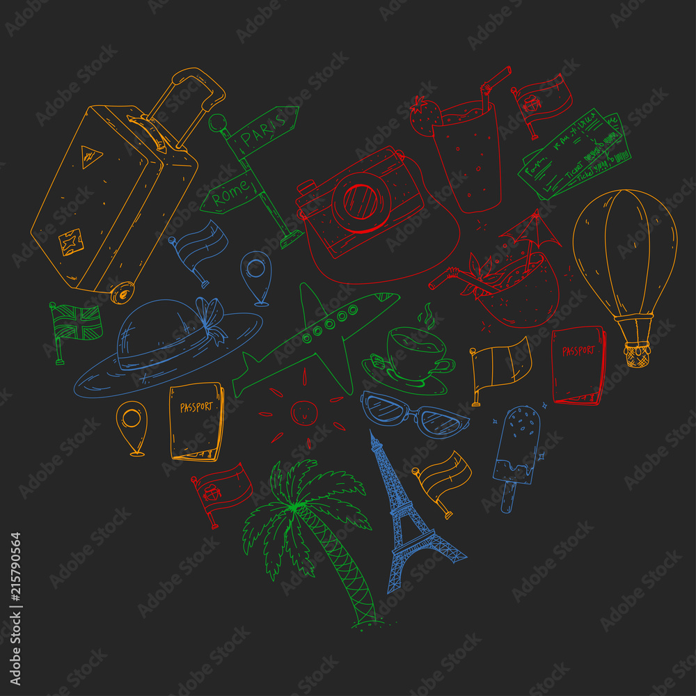 Vector pattern with travel icons. Get ready for adventures and travel. Great vacation, holidays. Hot air balloon, suitcase, airplane