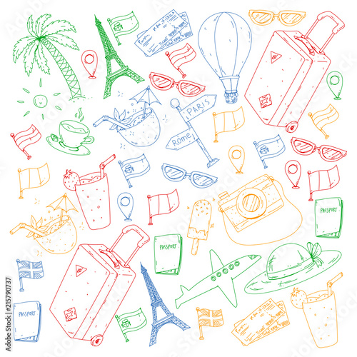 Vector pattern with travel icons. Get ready for adventures and travel. Great vacation, holidays. Hot air balloon, suitcase, airplane.