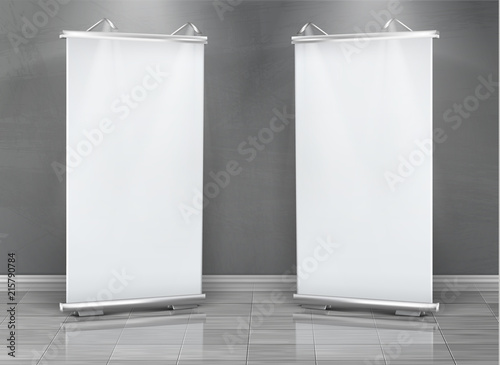 Vector realistic set of blank roll up banners, vertical stands for exhibition and business presentations, isolated on gray background. Mockup with white boards, roll-up displays for commercial ads