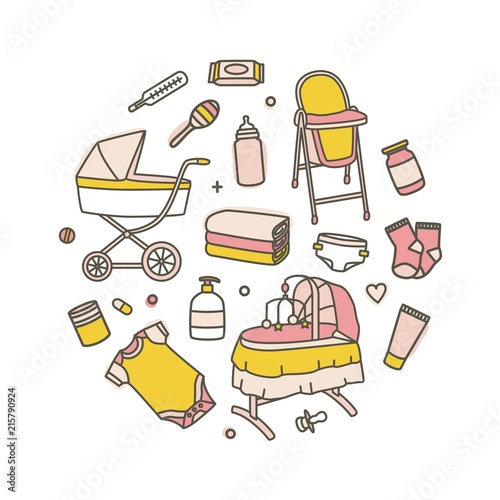 Collection of newborn baby care products isolated on white background