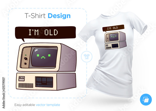 Very old computer t-shirt design. Print for clothes, posters or souvenirs. Vector