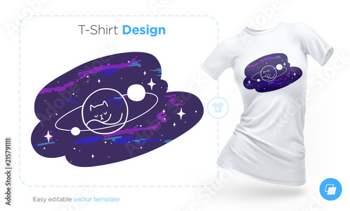 Cat planet in space t-shirt design. Print for clothes, posters or souvenirs. Vector