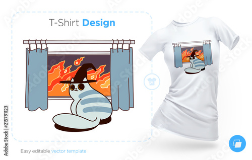 Evil cat sitting on a fire background t-shirt design. Print for clothes, posters or souvenirs. Vector