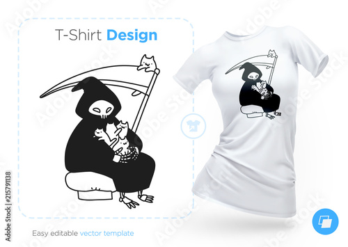 Death with a scythe sits with a cat in his arms t-shirt design. Print for clothes, posters or souvenirs