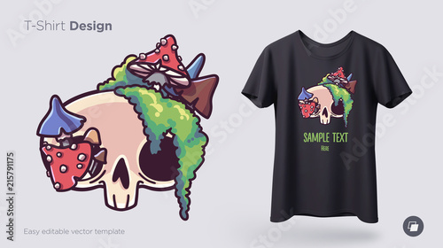 Skull overgrown with moss t-shirt design. Print for clothes, posters or souvenirs. Vector