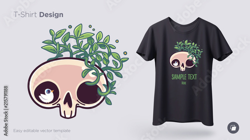 Skull overgrown with a plant t-shirt design. Print for clothes, posters or souvenirs. Vector