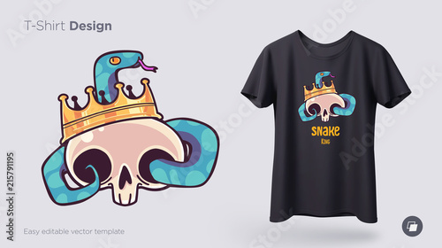 Skull in a crown with a snake t-shirt design. Print for clothes, posters or souvenirs. Vector