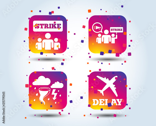 Strike icon. Storm bad weather and group of people signs. Delayed flight symbol. Colour gradient square buttons. Flat design concept. Vector