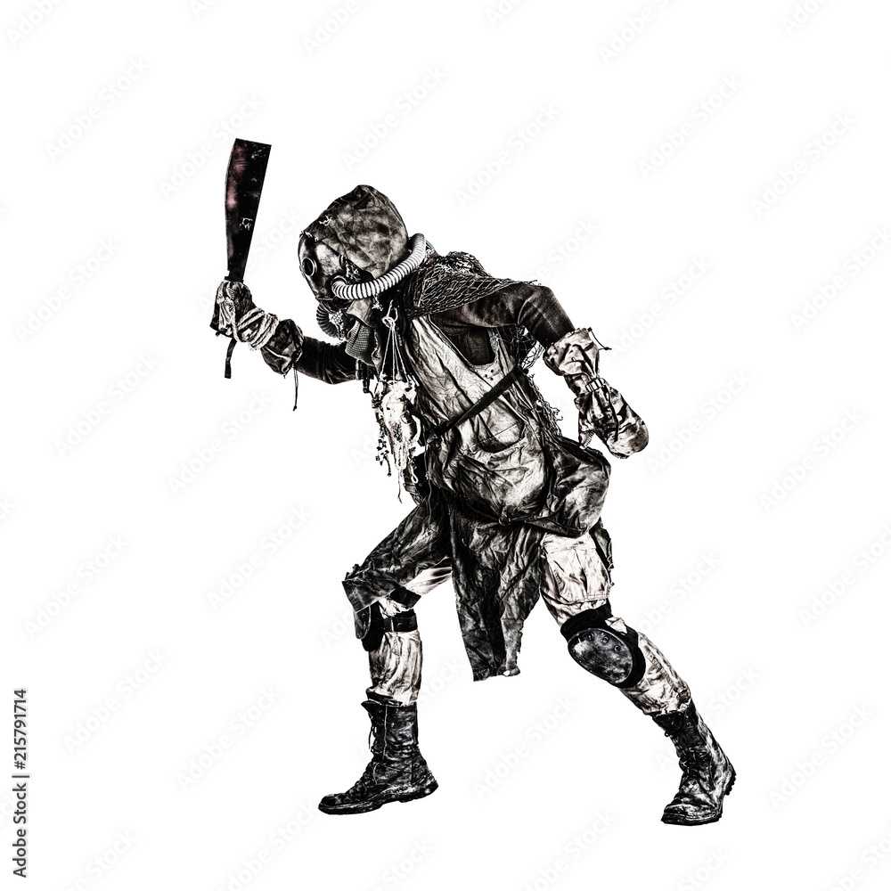 Aggressive and evil humanoid monster or creature of post apocalyptic, poisoned by dangerous pollution world wearing tattered rags and gas mask, brandishing bloodstained machete studio shoot on white Aggressive and evil humanoid monster or creature of post apocalyptic, poisoned by dangerous pollution world wearing tattered rags and gas mask, brandishing bloodstained machete studio shoot on white