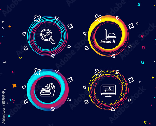 Set of Bucket with mop, Burger and Analytics icons. Online video sign. Cleaner equipment, Cheeseburger, Audit analysis. Video exam.  Circle banners with line icons. Gradient colors shapes. Vector