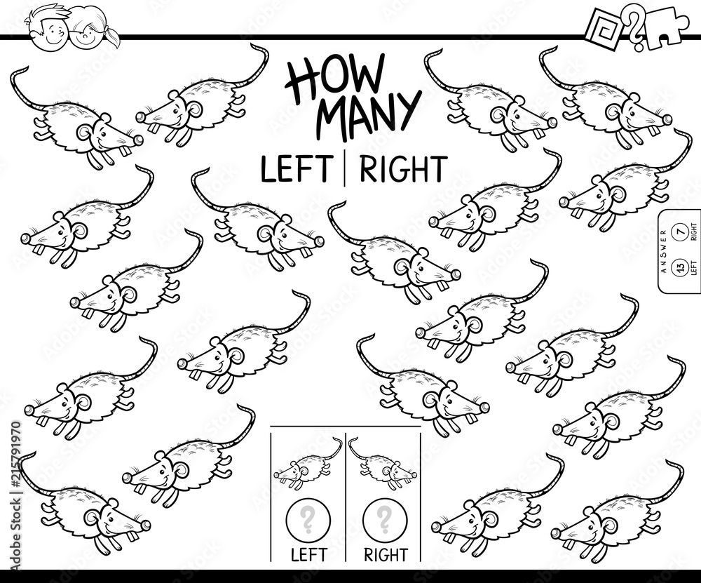counting left and right picture of mouse coloring book