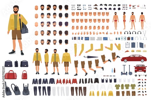 Caucasian man constructor or DIY kit. Collection of male character body parts, hand gestures, clothing isolated on white background. Front, side and back views. Flat cartoon vector illustration.