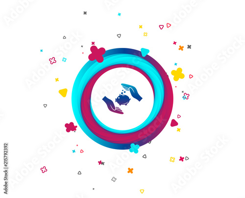 Piggy bank money sign icon. Hands protect moneybox symbol. Money or savings insurance. Colorful button with icon. Geometric elements. Vector