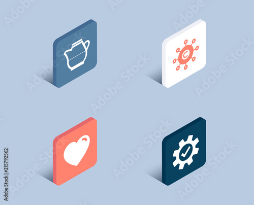 Set of Heart, Milk jug and Copywriting network icons. Service sign. Love feelings, Fresh drink, Content networking. Cogwheel gear.  3d isometric buttons. Flat design concept. Vector