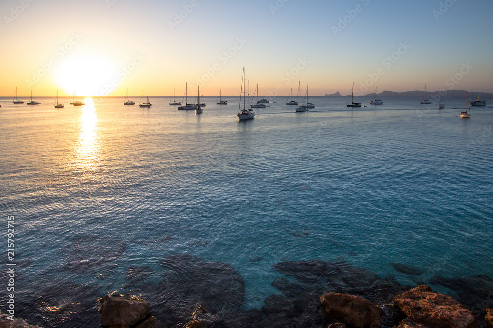 Naklejka premium Cala Saona beach on sunset, Formentera, Spain