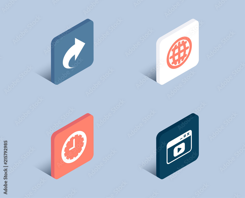 Set of Time, Globe and Share icons. Video content sign. Office clock, Internet world, Link. Browser window. 3d isometric buttons. Flat design concept. Vector Set of Time, Globe and Share icons. Video content sign. Office clock, Internet world, Link. Browser window. 3d isometric buttons. Flat design concept. Vector