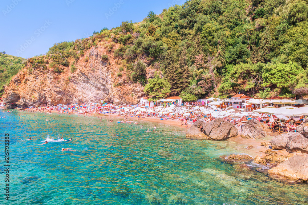 View of Mogren - the most picturesque beach of the Adriatic in the city of Budva, Montenegro, Europe. Budva is one of the best and most popular resorts of the Adriatic Riviera.
