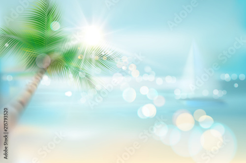 View of a tropical beach with palm tree and a sailboat. Vector Illustration. 