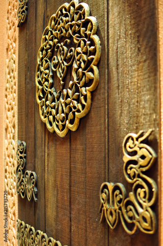 Morocco pattern  Middle Eastern design on wooden door close up shot 