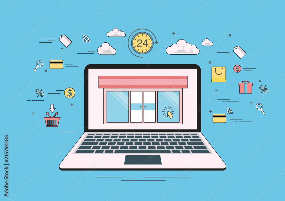 Technology concept idea, e-commerce and online shopping 24 hour on laptop, flat line vector and illustration. Technology concept idea, e-commerce and online shopping 24 hour on laptop, flat line vector and illustration.