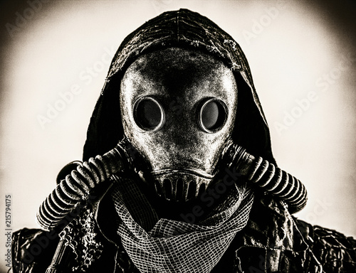 Fototapeta Close up portrait of nuclear post-apocalypse survivor, living underground mutant