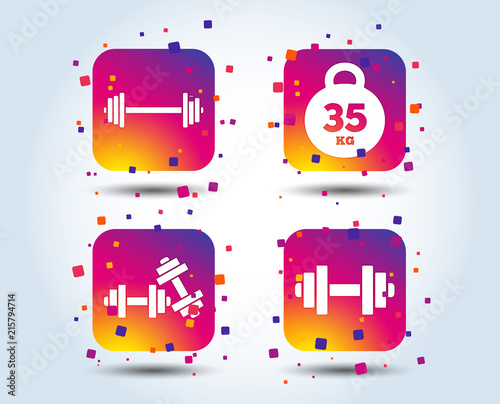 Dumbbells sign icons. Fitness sport symbols. Gym workout equipment. Colour gradient square buttons. Flat design concept. Vector