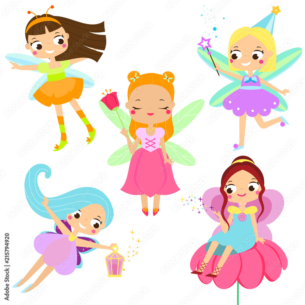 Cute fairy set. Beautiful girl in fying fairy costumes. Winged elf princesses in cartoon style Cute fairy set. Beautiful girl in fying fairy costumes. Winged elf princesses in cartoon style
